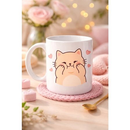 Sevimli Kedi Tasarımlı Porselen Kupa MODEL 193 – Kalpli Cute Cat Baskılı Kahve Kupası – Sevgiliye Hediye Sevimli Kupa