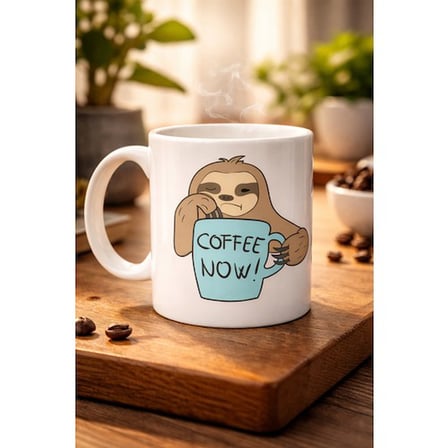 Tembel Hayvan Coffee Now Baskılı Porselen Kupa MODEL 197 – Eğlenceli Kahve Kupası – Ofis ve Ev Kullanımı İçin Sevimli Tasarım Kupa Bardak