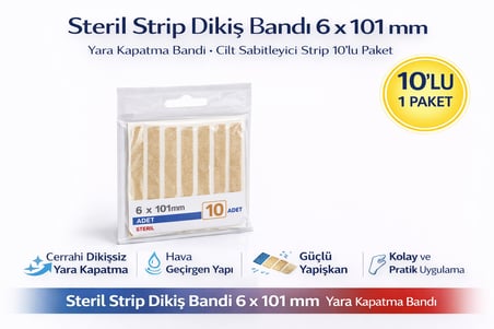 Steril Strip Dikiş Bandı 6 x 101 mm Yara Kapatma Bandı Cilt Sabitleyici Strip 10’lu 1 Paket