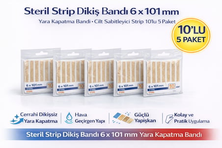 Steril Strip Dikiş Bandı 6 x 101 mm Yara Kapatma Bandı Cilt Sabitleyici Strip 10lu 5 Paket