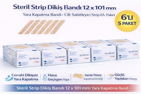 Steril Strip Dikiş Bandı 12 x 101 mm Yara Kapatma Bandı Cilt Sabitleyici Strip 6’lı 5 Paket