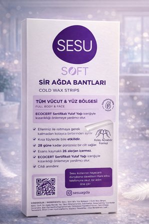 Sesu Soft Sir Ağda Bantları 32 Adet Vegan Formula Tüm Vücut ve Yüz İçin Soğuk Ağda Bandı