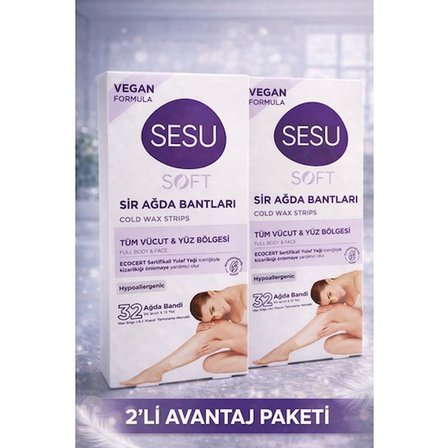 Sesu Soft Sir Ağda Bantları 32 Adet Vegan Formula Tüm Vücut ve Yüz İçin Soğuk Ağda Bandı 2'li Paket