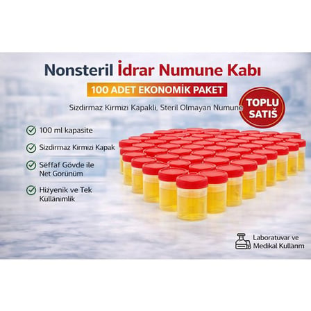 Nonsteril İdrar Numune Kabı 100 ml Sızdırmaz Kapaklı Steril Olmayan Numune Kabı Laboratuvar ve Medikal Kullanım 100 Adet