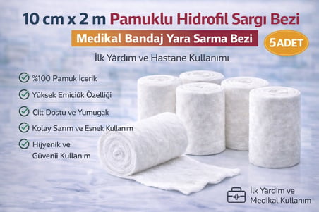 10 cm x 2 m Pamuklu Hidrofil Sargı Bezi Medikal Bandaj Yara Sarma Bezi İlk Yardım ve Hastane Kullanımı 5 Adet