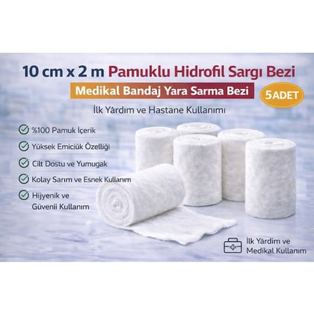 10 cm x 2 m Pamuklu Hidrofil Sargı Bezi Medikal Bandaj Yara Sarma Bezi İlk Yardım ve Hastane Kullanımı 5 Adet