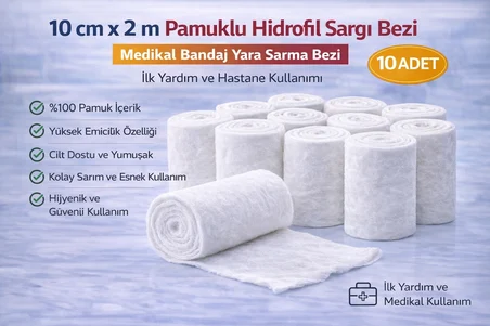 10 cm x 2 m Pamuklu Hidrofil Sargı Bezi Medikal Bandaj Yara Sarma Bezi İlk Yardım ve Hastane Kullanımı 10 Adet