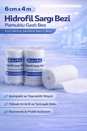 6 cm x 4 m Hidrofil Sargı Bezi Pamuklu Gazlı Bez Kısa Metraj Medikal Sarım Bezi 5 Adet