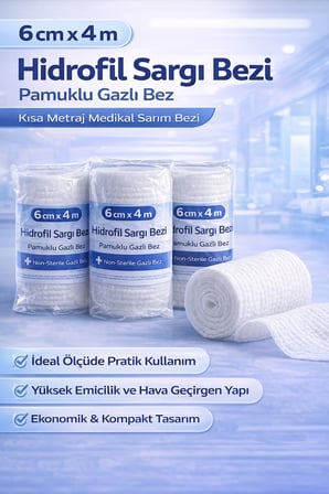 6 cm x 4 m Hidrofil Sargı Bezi Pamuklu Gazlı Bez Kısa Metraj Medikal Sarım Bezi 5 Adet