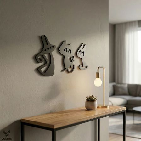 3’lü Dekoratif Kedi Duvar Tablosu MDF Lazer Kesim Modern Duvar Süsü Minimal Kedi Figürlü Dekor