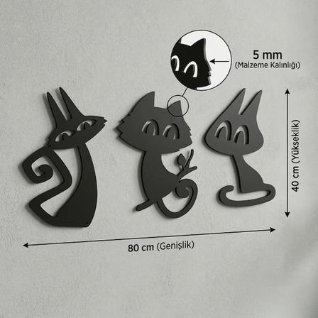 3’lü Dekoratif Kedi Duvar Tablosu MDF Lazer Kesim Modern Duvar Süsü Minimal Kedi Figürlü Dekor