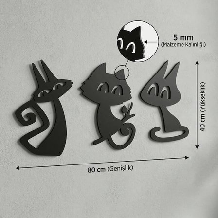3’lü Dekoratif Kedi Duvar Tablosu MDF Lazer Kesim Modern Duvar Süsü Minimal Kedi Figürlü Dekor