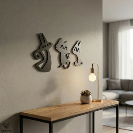 3’lü Dekoratif Kedi Duvar Tablosu MDF Lazer Kesim Modern Duvar Süsü Minimal Kedi Figürlü Dekor