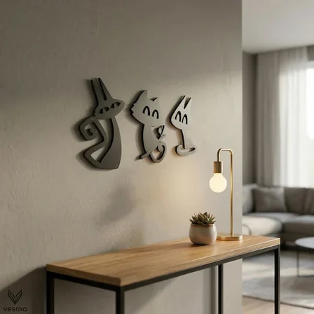 3’lü Dekoratif Kedi Duvar Tablosu MDF Lazer Kesim Modern Duvar Süsü Minimal Kedi Figürlü Dekor