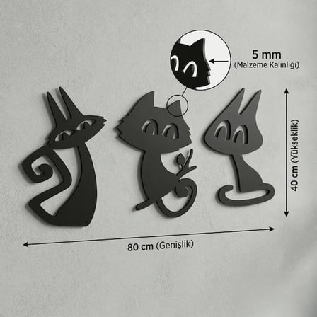 3’lü Dekoratif Kedi Duvar Tablosu MDF Lazer Kesim Modern Duvar Süsü Minimal Kedi Figürlü Dekor