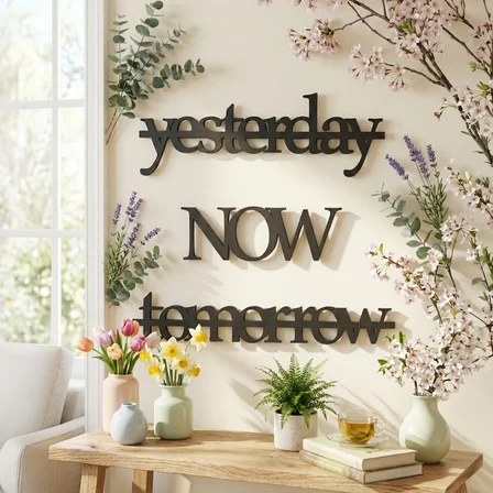 Yesterday Now Tomorrow Duvar Yazısı MDF Lazer Kesim Modern Tipografik Duvar Süsü