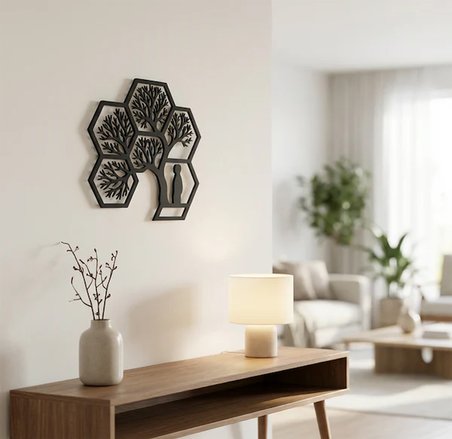 Hayat Ağacı Duvar Tablosu MDF Lazer Kesim Altıgen Geometrik Modern Duvar Süsü