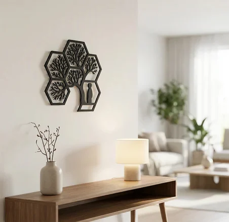 Hayat Ağacı Duvar Tablosu MDF Lazer Kesim Altıgen Geometrik Modern Duvar Süsü