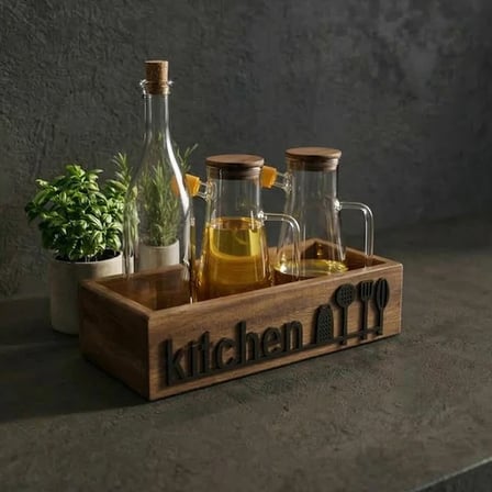 Ahşap Mutfak Organizeri Yağdanlık Standı Kitchen Yazılı Tezgah Üstü Şişe Düzenleyici