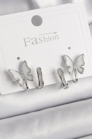 Pirinç Gümüş Renk Zirkon Taş Detaylı Beyaz Sedefli Kelebek Model Kadın Küpe