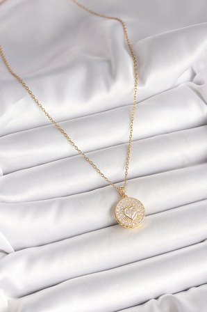 316L Çelik Gold Renk Zincir Madalyon Zirkon Taşlı Kalp Model Kadın Kolye
