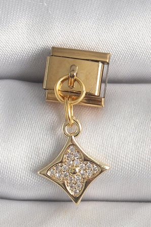316L Çelik Gold Renk Sallantı Zirkon Taşlı Çiçek İşlemeli Charm