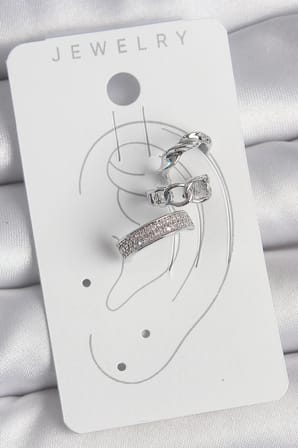 Pirinç Gümüş Renk Zirkon Taşlı 3'Lü Zincir Sarmal Model Kadın Kıkırdak Küpe