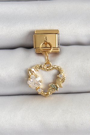 316L Çelik Sallantılı Zirkon Taşlı Kalp Model Gold Renk Charm