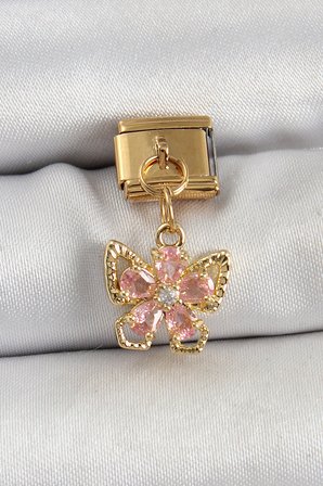 316L Çelik Sallantılı Zirkon Taşlı Çiçek Figürlü Kelebek Model Gold Renk Charm