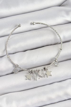 Pirinç Zirkon Taşlı  Ve Yıldız Model Gümüş Renk Charm Bileklik