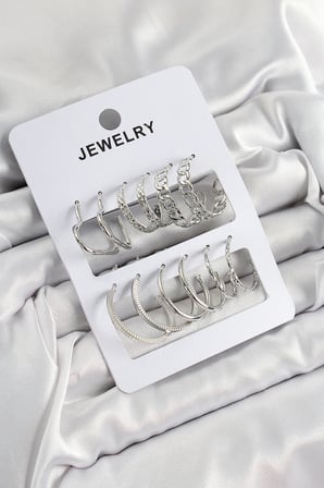 Pirinç Karışık Halka Model Gümüş Renk 6 Çift Kadın Küpe Set