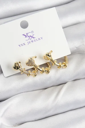 Pirinç Zİrkon Taşlı Kalp Model Gold Renk 3'lü Kadın Küpe