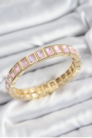 Pirinç Pembe Zirkon Taşlı Dikdörtgen Model Gold Renk Lastikli Kadın Bileklik