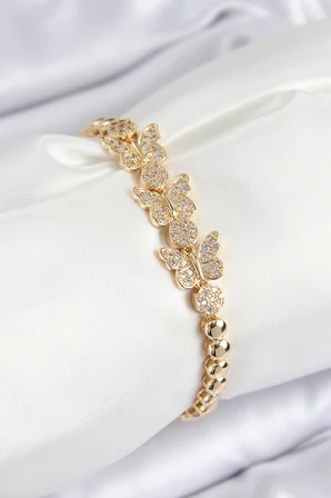 Pirinç Zirkon Taşlı Kelebek Model Gold Renk Kadın Bileklik