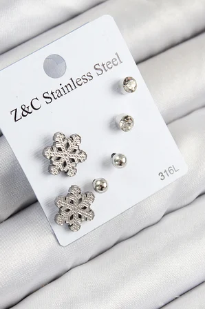 316L Çelik Zirkon Taşlı Kar Tanesi Model Gümüş Renk Kadın Set Küpe