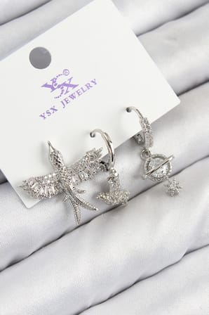 Pirinç Zirkon Taşlı 3'lü Kuş Model Gümüş Renk Kadın Küpe
