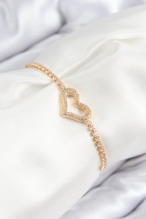 Pirinç Zirkon Taşlı Kalp Model Gold Renk Asansörlü Kadın Bileklik
