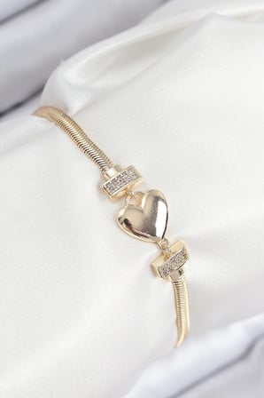 Pirinç Zirkon Taşlı Kalp Model Gold Renk Kadın Bileklik