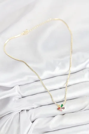 Pirinç Zirkon Taşlı Su Yolu Asorti Çiçek Model Gold Renk Kadın Kolye