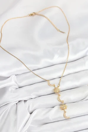 316L Çelik Zirkon Taşlı Güneş Ve Ay Model Gold Renk Kadın Kolye