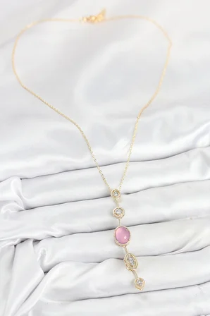 Pirinç Zincir Pembe Gold Renk Zirkon Taşlı Y Kolye