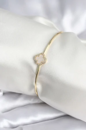 Beyaz Sedefli Yonca Model Gold Renk Kadın Bileklik