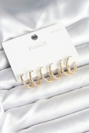 Pirinç Gold Renk Kemik Halka Model 925 Ayar Gümüş Çivili Kadın Küpe Seti