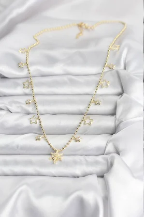 Pirinç Gold Renk Zirkon Taşlı Kutup Yıldızı Model Kadın Kolye