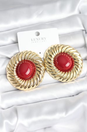 Pirinç Gold Renk Bordo Boncuklu Vintage Kadın Küpe