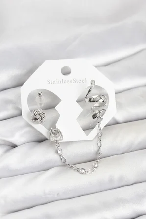 Pirinç Gümüş Renk Yılan Model Zincir Bağlantılı Ear Cuff Küpe Seti