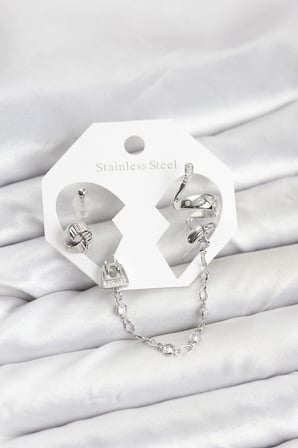 Pirinç Gümüş Renk Yılan Model Zincir Bağlantılı Ear Cuff Küpe Seti