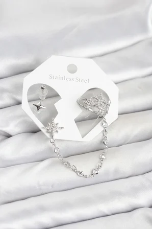 Kutup Yıldızı Model Pirinç Gümüş Renk Zincir Bağlantılı Ear Cuff Küpe Seti