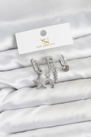 Pirinç Gümüş Renk Zirkon Taşlı Yıldız Vintage Model YSX Trio Küpe Seti