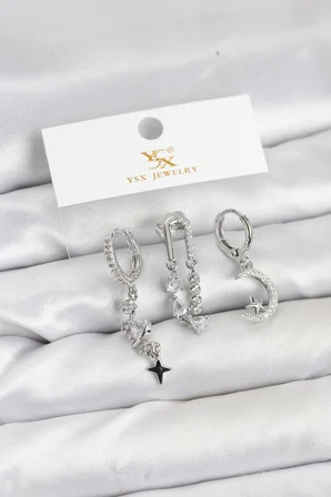 Pirinç Gümüş Renk Zirkon Taşlı Uzay Model YSX Trio Küpe Seti